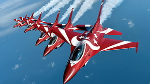 red and white fighter planes on flight, aircraft, Republic of Singapore Air Force, General Dynamics F-16 Fighting Falcon