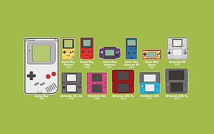 Nintendo Game Boy, Game Boy Color, and DS series illustration lot, GameBoy Advance, GameBoy Advance SP, GameBoy Color, Nintendo DS