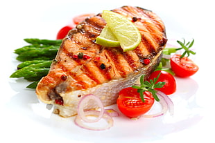 grilled salmon with tomatoes HD wallpaper