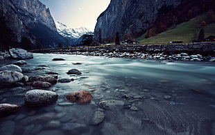 rocky mountain beside river HD wallpaper
