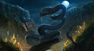 dragon illustration wallpaper, fantasy art, artwork, snake, Moon