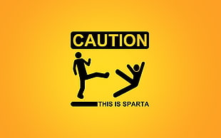 caution symbol advertisement, yellow, simple background, humor, Sparta