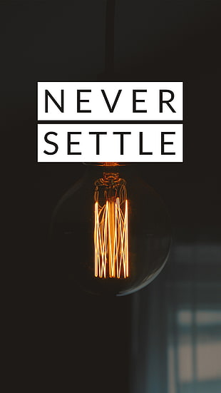 light bulb with never settle text overlay, black background, minimalism, Never Settle, oneplus  HD wallpaper