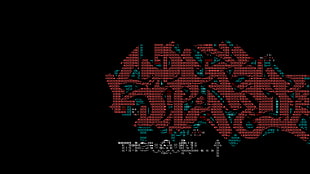 black background with text overlay, ASCII art, demoscene, graffiti
