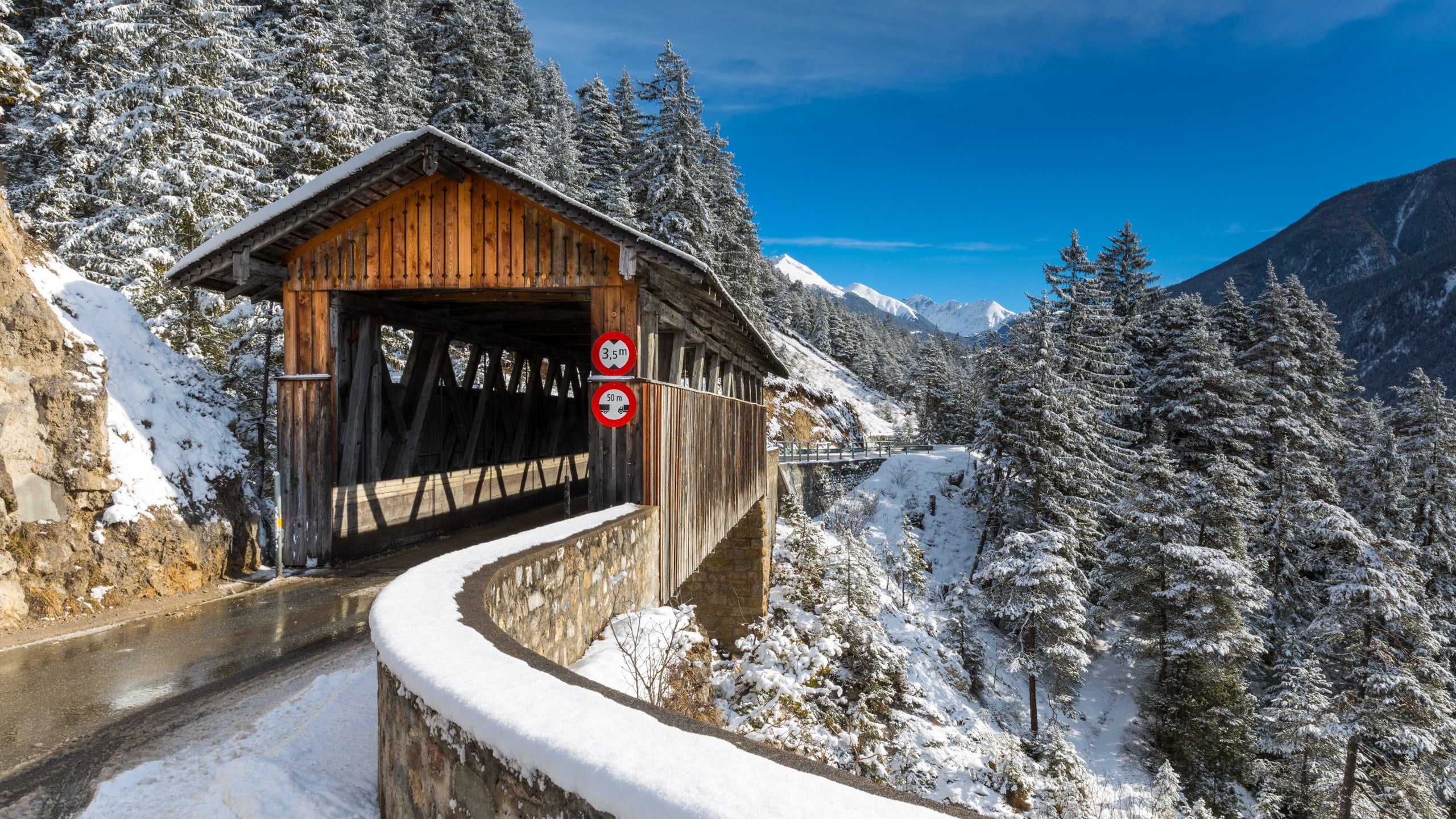 brown wooden shed, bridge, Switzerland, snow, Alps