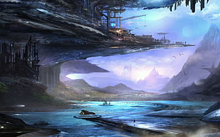 space ship and body of water painting, science fiction, fantasy art, spaceship