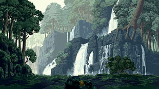 green leafed trees and waterfalls, landscape, pixel art, rainforest