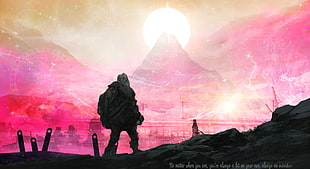 silhouette photo of man standing on mountain rock, quote, colorful, time travel, Journey (game)