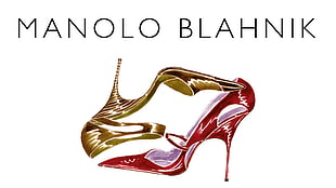 two gold and red Manolo Blahnik patent leather pointed-toe ankle-strap stiletto shoes HD wallpaper