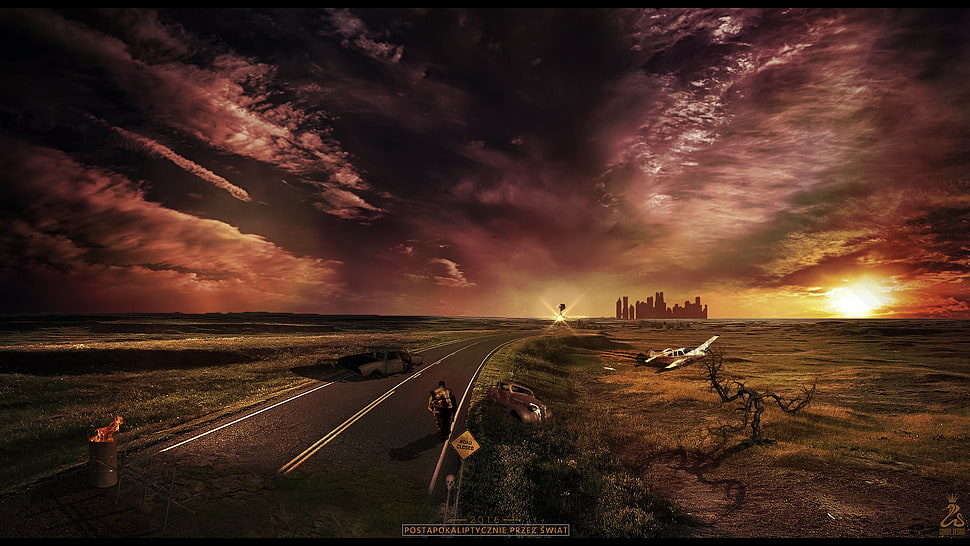 road at golden hour wallpaper, photo manipulation, apocalyptic HD wallpaper