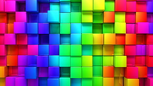 green and multicolored cube digital wallpaper, cubic, rainbows, abstract