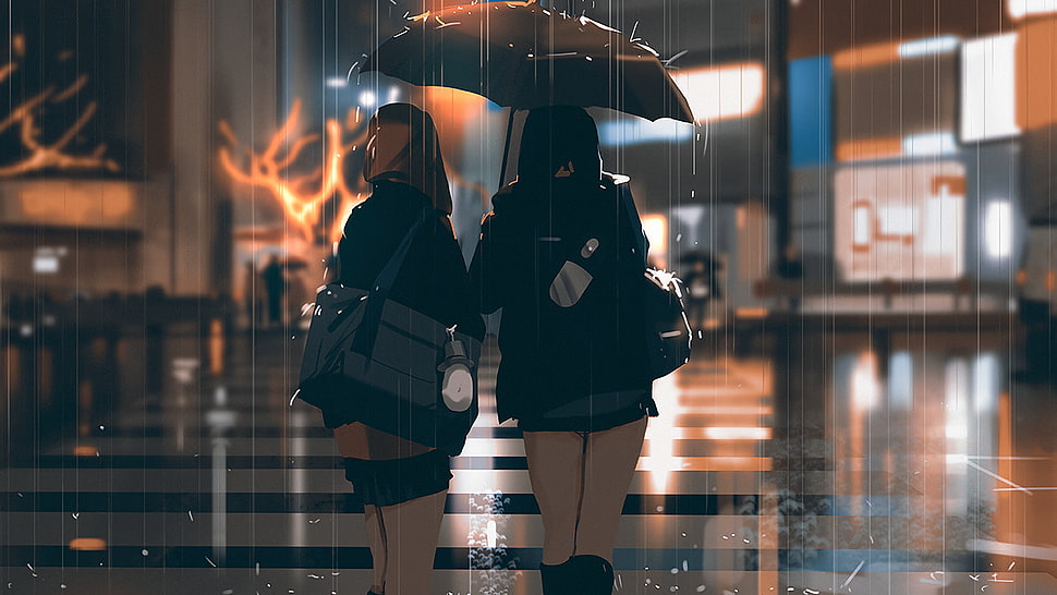 two woman under black umbrella during rain HD wallpaper