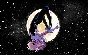 purple-haired anime character woman beside moon 3D wallpaper HD wallpaper