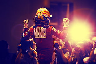 yellow and red Ferrari full-face helmet, Ferrari, racing, Fernando Alonso, men HD wallpaper