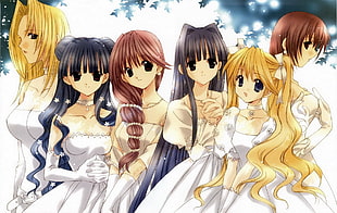 six female anime characters wearing white gowns illustration