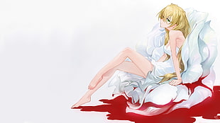 yellow-haired female anime character wallpaper, Kekkai Sensen, flowers, blood, White (Kekkai Sensen)