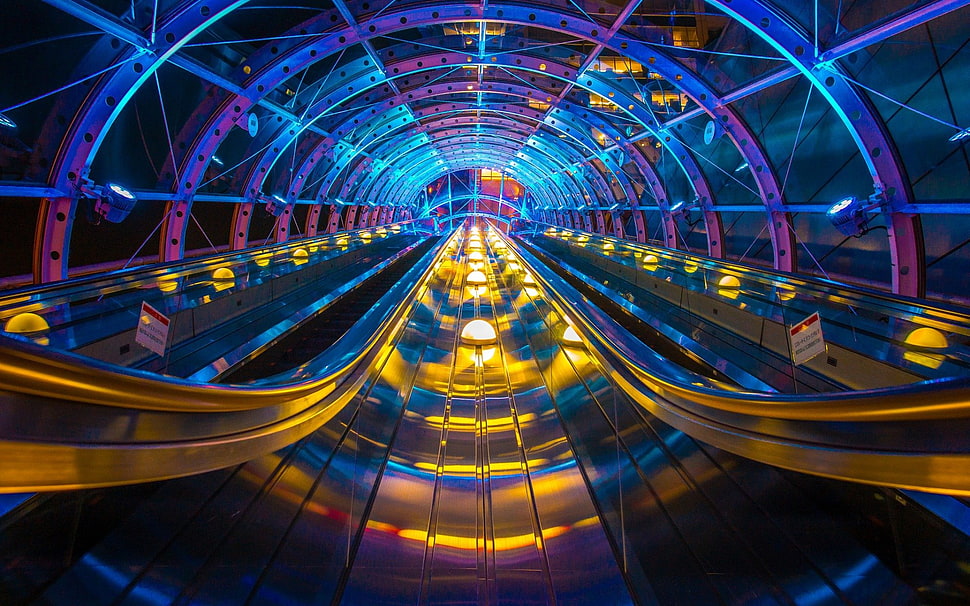 red and blue LED light, interior, interior design, escalator HD wallpaper