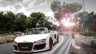 white and red Audi R8 GT Spyder on road HD wallpaper