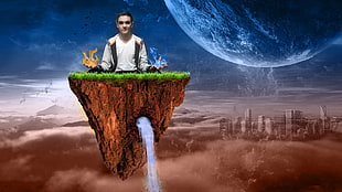 man sitting on floating island vector art, surreal, floating island, men, planet HD wallpaper
