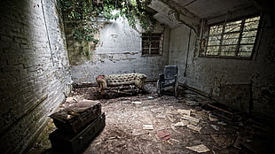black wheelchair, building, old building, abandoned, ruin