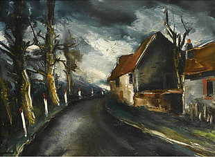white concrete house painting, artwork, painting, classic art, road