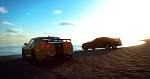 yellow coupe, The Crew, The Crew Wild Run, beach, Chevrolet Camaro Bumblebee HD wallpaper