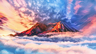 mountain with clouds artwork painting, illustration, artwork, sky, mountains
