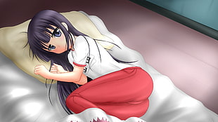 black haired female anime character with white shirt and red pants