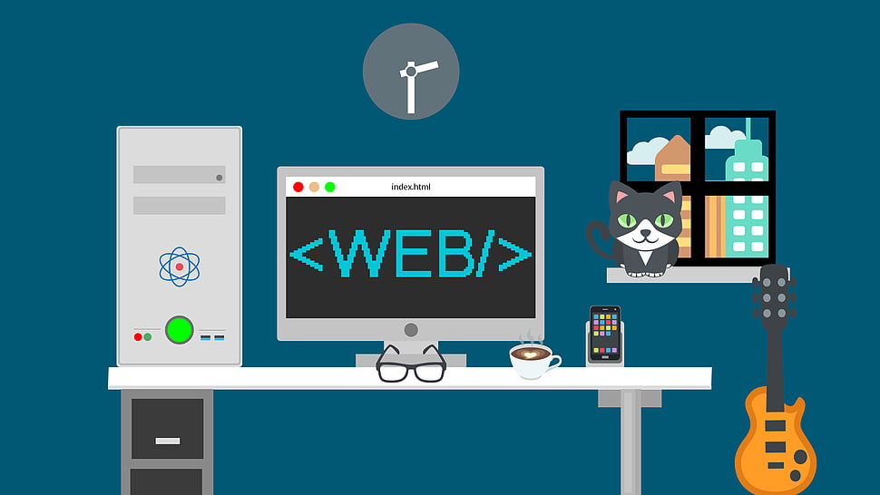 compute set illustration, web development, desk, Flatdesign HD wallpaper