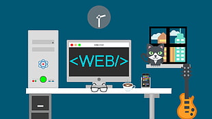 compute set illustration, web development, desk, Flatdesign