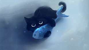 black cat holding a gray fish