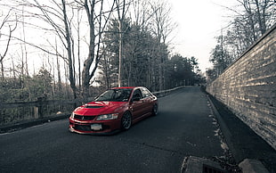 red sedan, Stance, Mitsubishi Lancer HD wallpaper