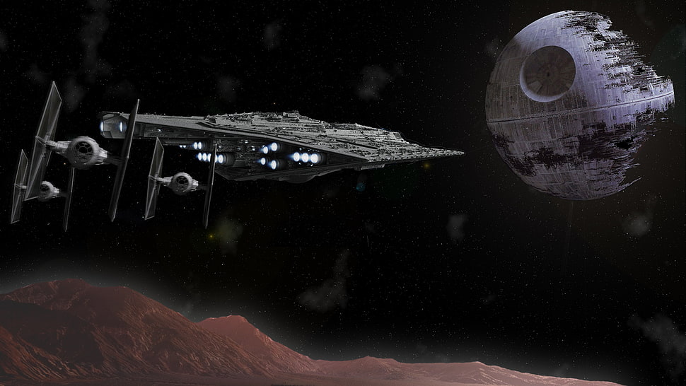 Star Wars Death Star and Star Destroyer, spaceship, Star Wars, TIE Fighter, Death Star HD wallpaper