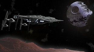 Star Wars Death Star and Star Destroyer, spaceship, Star Wars, TIE Fighter, Death Star HD wallpaper