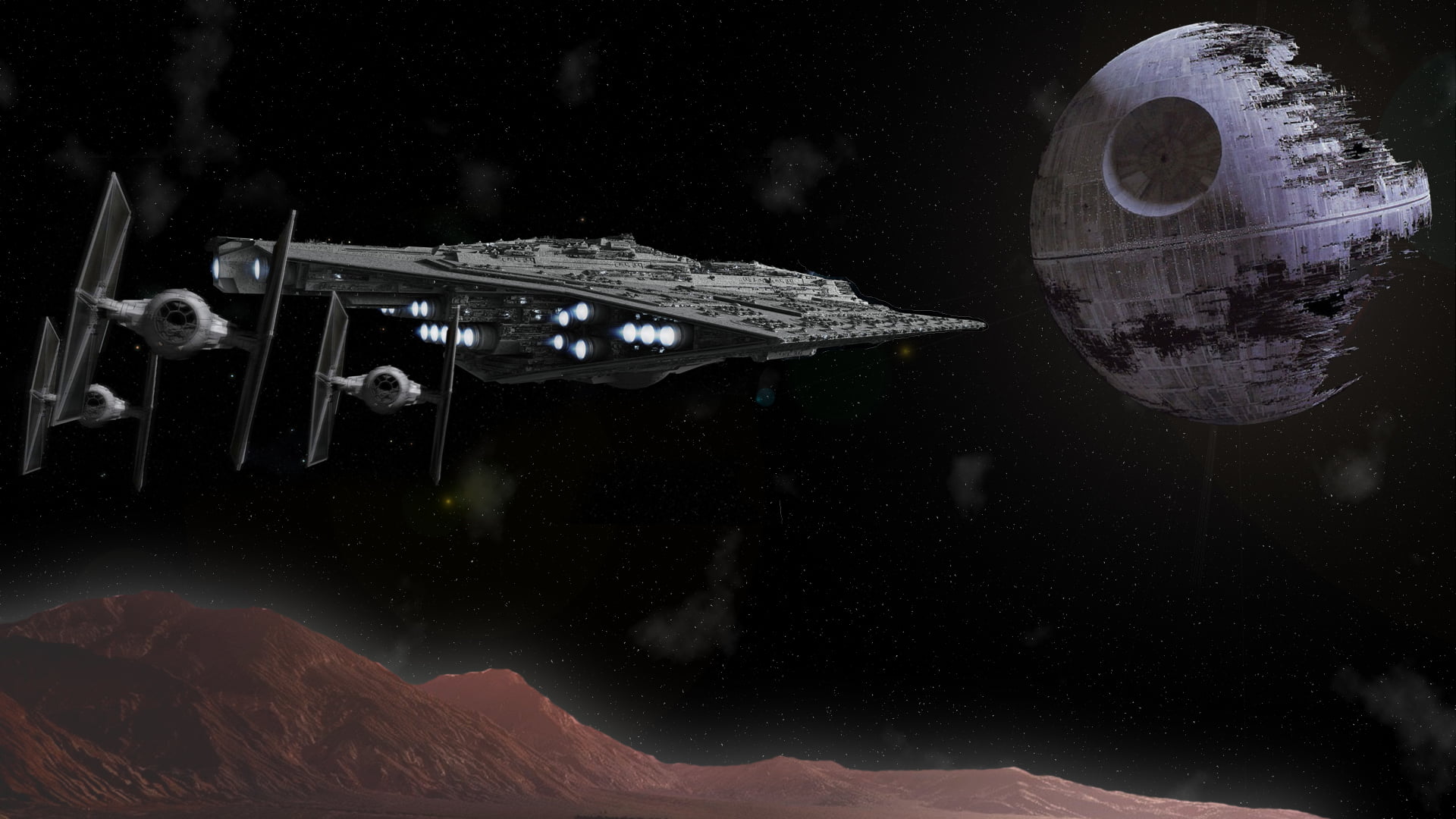 Star Wars Death Star and Star Destroyer, spaceship, Star Wars, TIE Fighter, Death Star