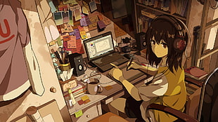 black haired anime woman using laptop