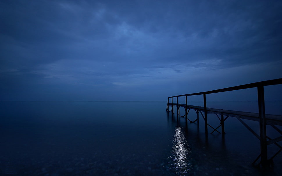 brown wooden dock, pier, sky, horizon, nature HD wallpaper