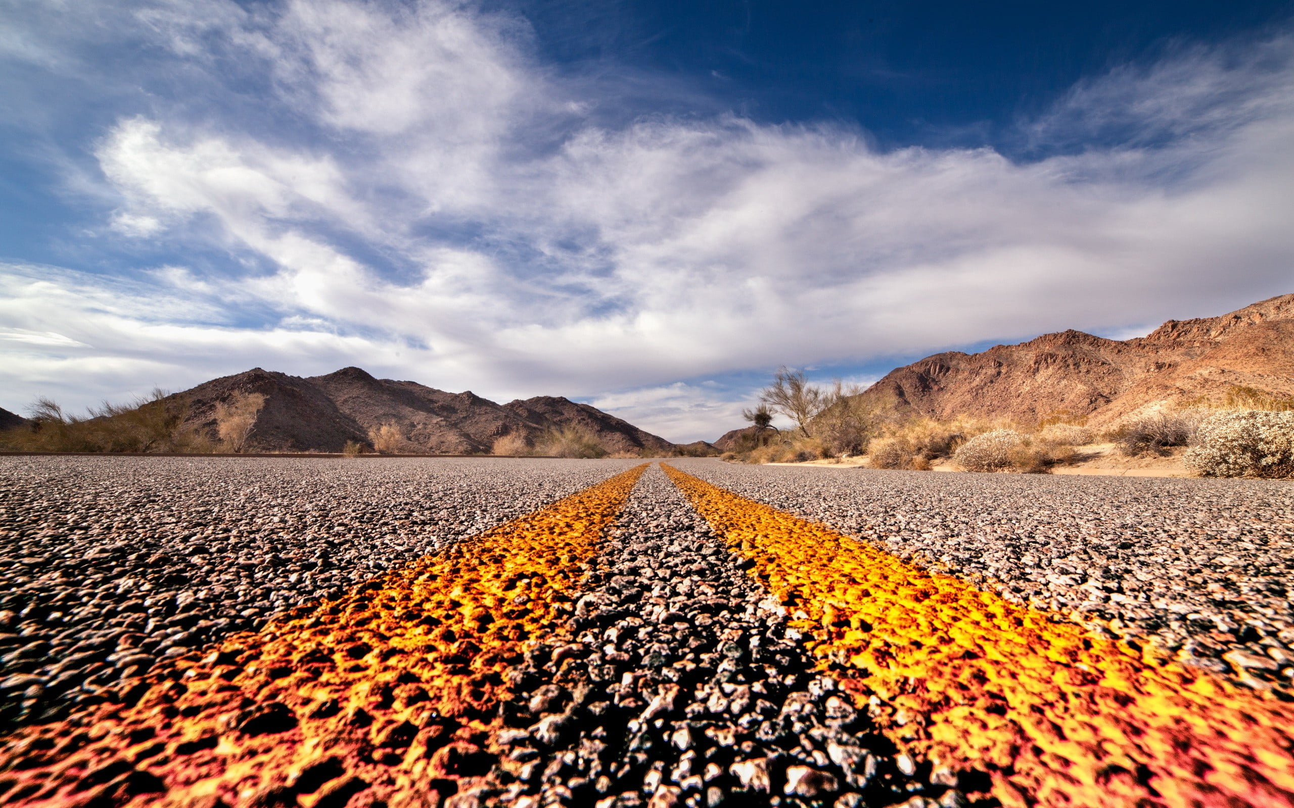 gray asphalt road, mountains, sky, clouds, worm's eye view