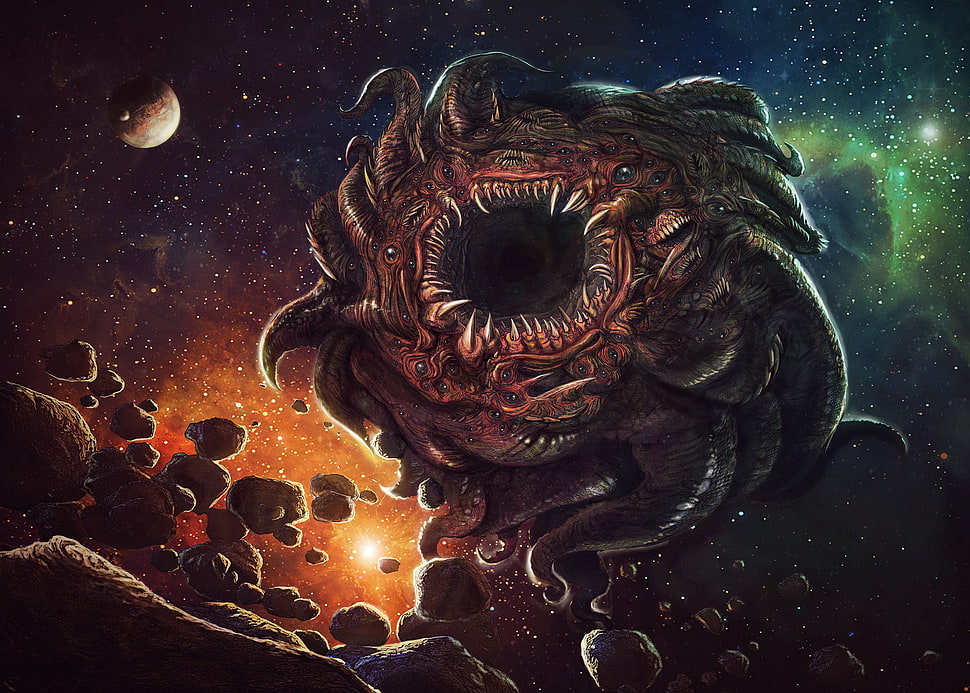 illustration of monster in space, fantasy art, futuristic, space, creature HD wallpaper