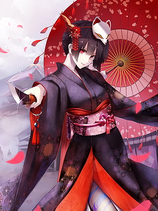 black haired female anime character with red umbrella and traditional Japanese mask
