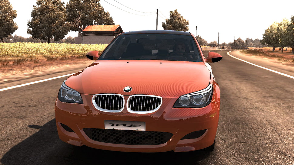 orange BMW caron road HD wallpaper