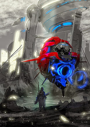 blue and red RC toy car, science fiction, futuristic city, futuristic, digital art