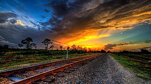 brown rail road, railway, sunset, HDR HD wallpaper