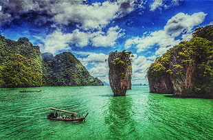 brown boat, landscape, water, island, Ko Tapu HD wallpaper