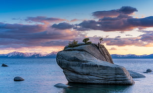 gray rock monolith with trees surrounded by water, lake tahoe