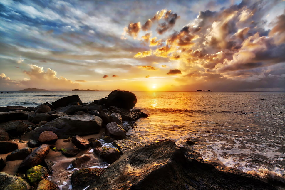 landscape photo of a ocean shoreline during golden houre HD wallpaper