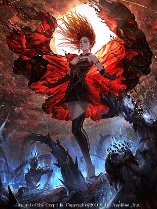 Legend of the Cryptids woman with red wings digital wallpaper, anime girls, wings