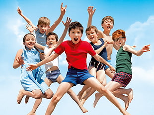 children taking a jump shot photo HD wallpaper