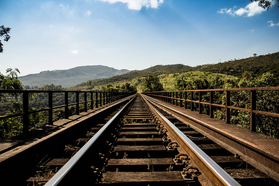 brown train rail, railway, mountains, clouds HD wallpaper