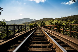 brown train rail, railway, mountains, clouds